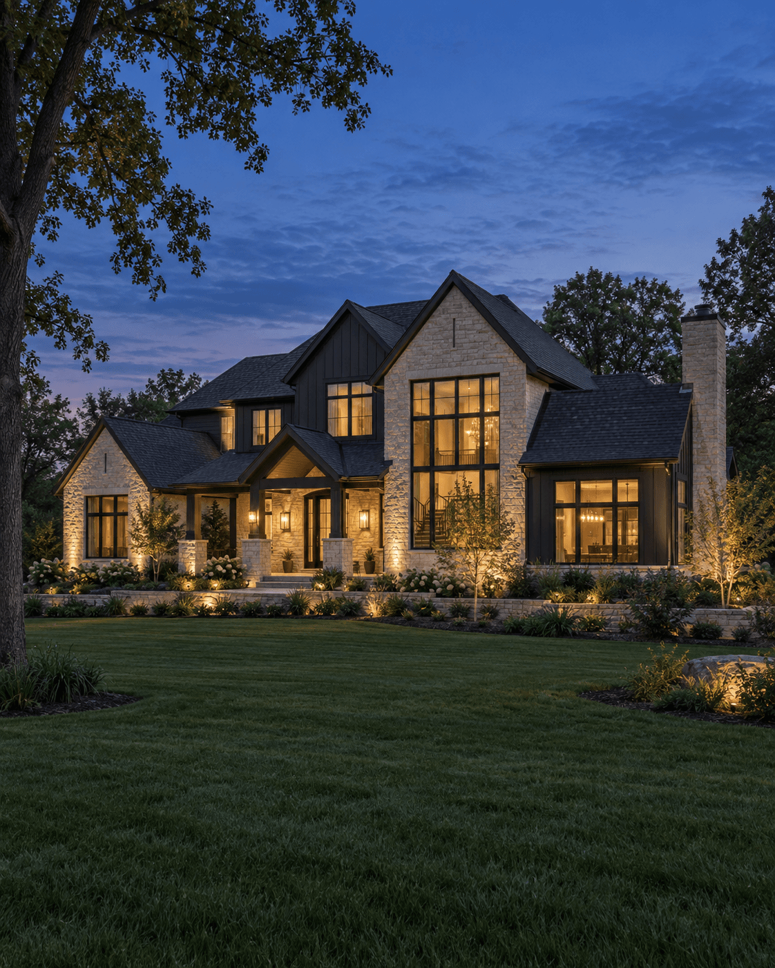 Rendering of a stone and dark-sided custom home at dusk with warm window and landscape lighting