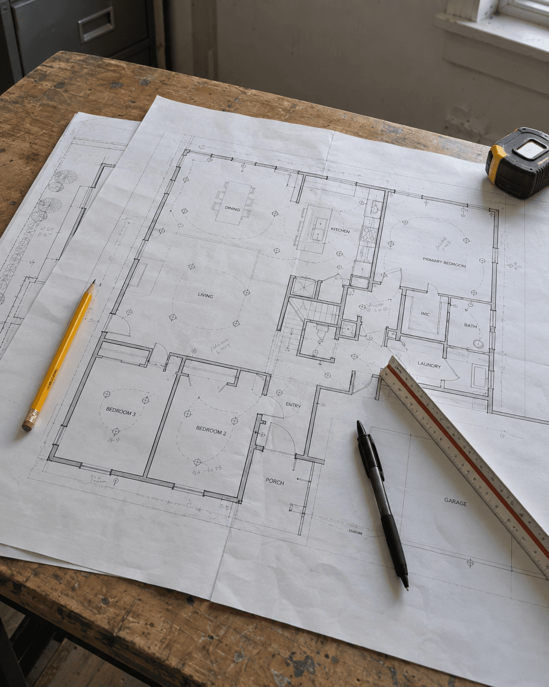 Residential floor plan with electrical layout markups, pencil, ruler, and tape measure on a work table