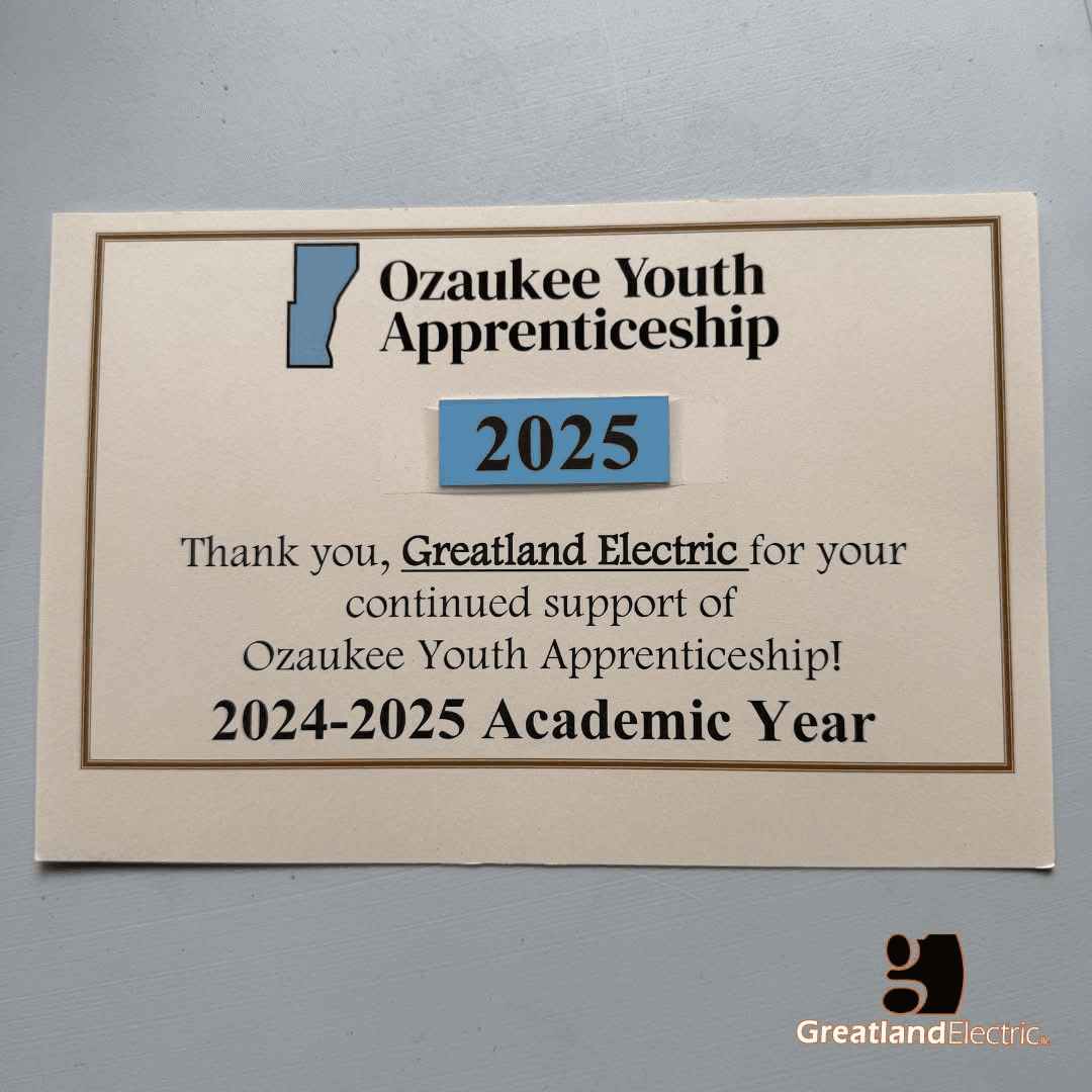 Ozaukee Youth Apprenticeship 2024-2025 certificate thanking Greatland Electric for continued support